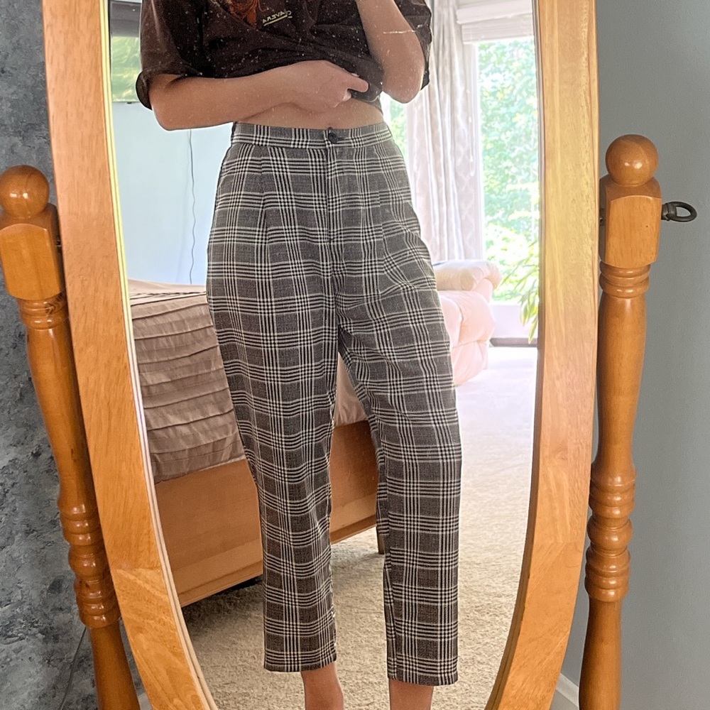 Black and White Houndstooth Check Patterned Pants